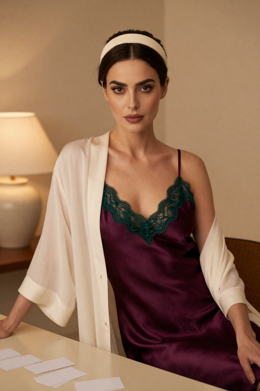 Photorealistic boudoir portrait of a fictional adult woman, 29 years old, dark hair in a low